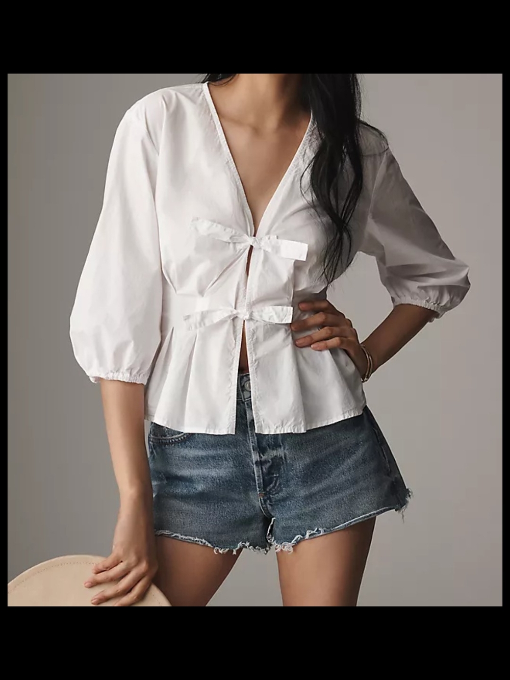 100% Cotton White Tie-Front V-Neck Peplum Blouse with Puff Sleeves